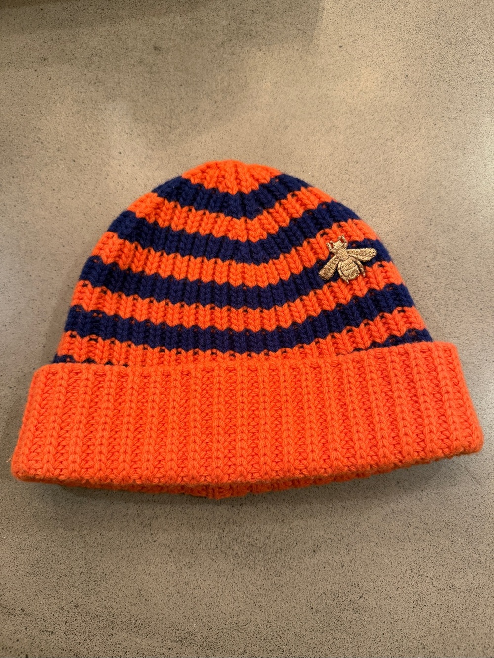 Gucci Orange and Navy Striped Beanie with Gold Bee Emblem